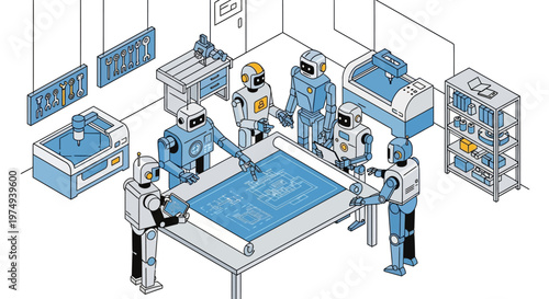 Robotic Engineers Collaborating on Technical Blueprints in an Automated Factory Workshop. Isometric Vector Illustration of AI Robots Working Together on a Project.