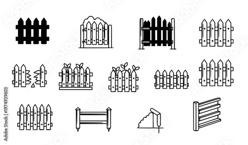 Modern picket icons collection with garden fence gate and outdoor boundary symbols outline vector isolated on white