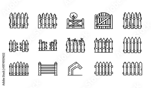 Picket fence outline icons set with garden gate wooden fence and outdoor barrier symbols vector isolated on white