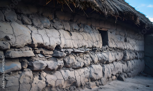 Rugged exterior of a traditional dwelling. The walls are constructed from thick, cracked mud and uneven grey stones, showing raw texture and age. Weathered thatched roof of dried straw hangs over