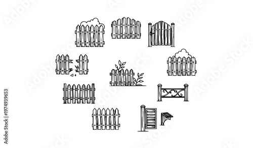 Elegant picket fence outline icons set with garden gate wooden barrier symbols premium vector isolated on white