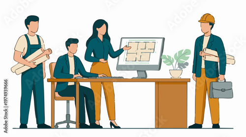 Architects and construction team collaborate on building project design