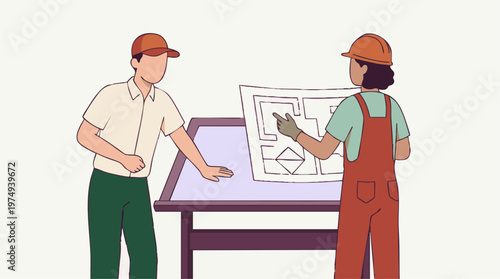 Construction workers discussing building plans and blueprints