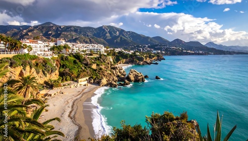 Scenic coastal view with white buildings nestled on cliffs overlooking a turquoise sea, mountains in the background