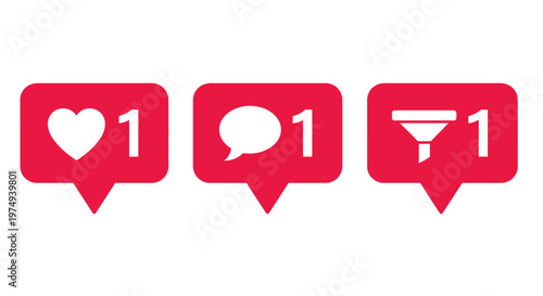 Essential digital interaction symbols vibrant red notification icons representing likes, comments, and filtering, each with a count of one new event, highlighting social media engagement