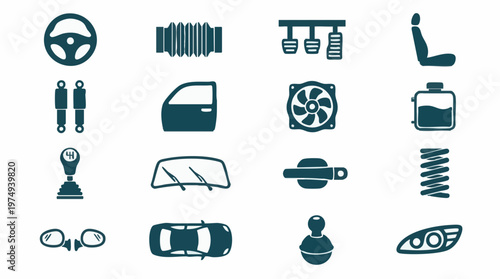 Set of automotive car parts and accessories flat vector icons
