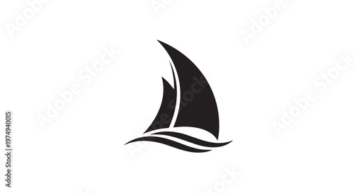 A minimalist black silhouette logo of a sailboat with two sails gracefully gliding on stylized waves against a clean white background.