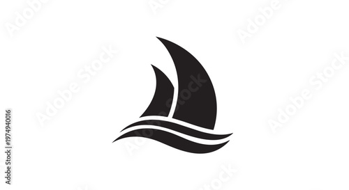A minimalist black and white graphic illustration of two abstract sails on wavy water.