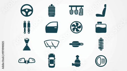 Set of car parts and automotive components icons on white background