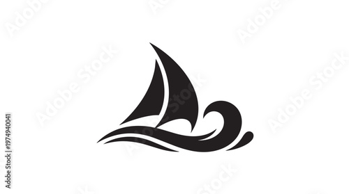 A minimalist black silhouette logo of a sailboat with a large sail gracefully riding on stylized ocean waves, depicting movement and freedom.