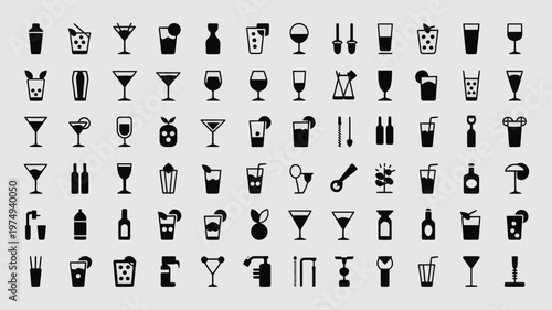 Set of 75 Black Cocktail and Drink Glass Icons Vector