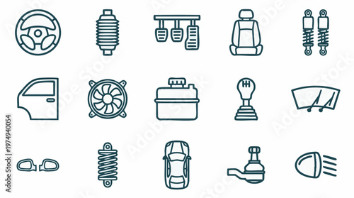 Automotive Components and Car Parts Line Icons Set on White Background