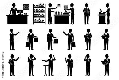 Business professionals engage in various activities at office desks and stores.