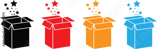 Set of open magic boxes with stars, surprise gift package icons in different colors vector illustration for celebration and mystery concepts.