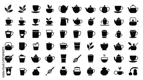 Set of 70 Black Tea and Coffee Cups and Teapots Vector Icons