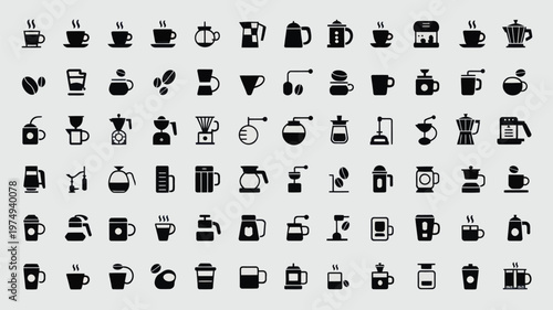 Set of 72 Black Coffee and Teaware Icons Vector
