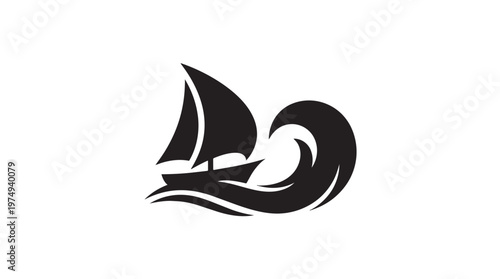A stylized black silhouette of a sailboat navigating through a large, dynamic wave on a white background.