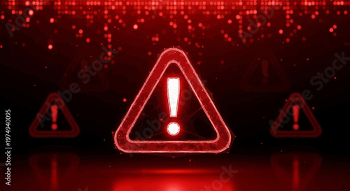 Three glowing red warning signs with exclamation points in a digital landscape with red particles and reflections