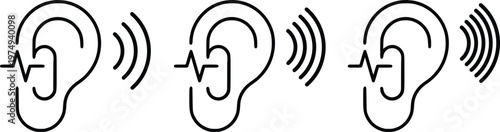 Ear hearing icons set with sound waves and heartbeat line, human sense of hearing and audio frequency vector illustration.