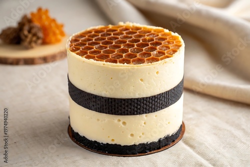 Elegant honeycomb topped mousse cake with dark chocolate band
