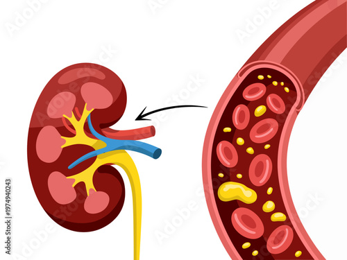 Human kidney anatomy with vessel showing red cells and cholesterol buildup