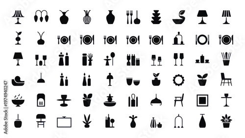 Set of 64 Black Silhouette Home Decor and Dining Vector Icons
