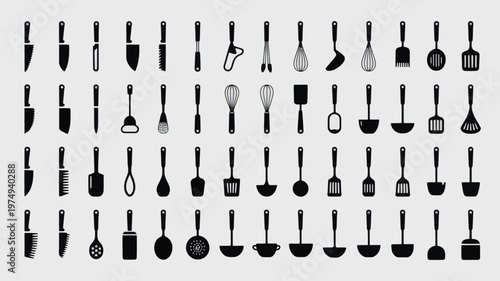 Set of 60 Black Kitchen Utensil Silhouettes Vector Icons