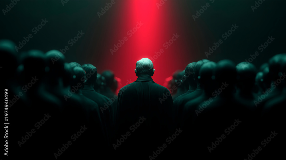 Fototapeta premium Liderazgo e individualidad en una multitud bajo luz roja cinematográfica, persona con poder destacado entre un grupo anónimo en la oscuridad, concepto de distinción e individualidad