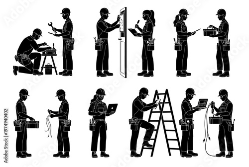 Workers performing various tasks with tools and equipment in an industrial setting