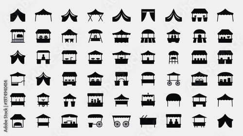 Set of 64 Market Stall and Tent Icons Vector