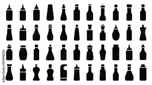 Set of 48 Black Sauce Bottle Silhouettes Vector