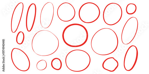 A vibrant collection of hand-drawn red ellipses and circles scattered randomly, perfect for creative design projects and unique abstract backgrounds.