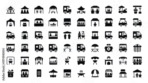 Set of 64 Black Food Stall and Market Tent Icons Vector