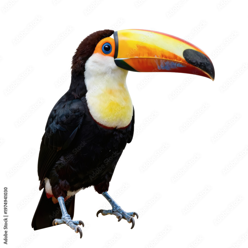 Obraz premium Beautiful toco toucan standing with its vivid, multicolored beak in the air on a white backdrop