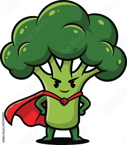 A cartoon broccoli character wearing a red cape and standing heroically with a green body and leaves for hair.