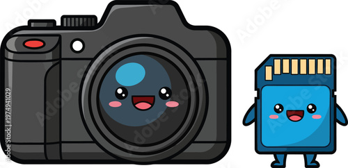 A cartoon camera and memory card illustration with happy faces
