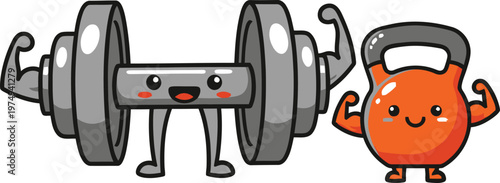 A cartoon dumbbell and kettlebell are working out together in a fun illustration