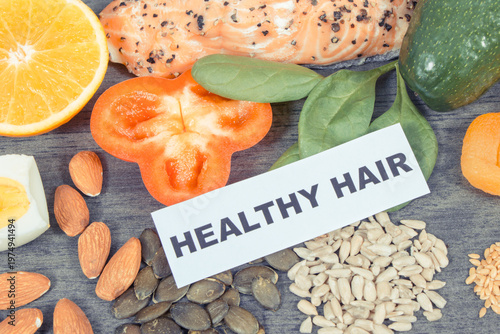 Nutritious products and ingredients containing differents vitamins or minerals for healthy hair