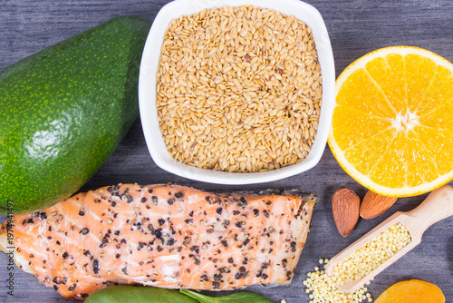 Nutritious products and ingredients containing differents vitamins or minerals for healthy hair