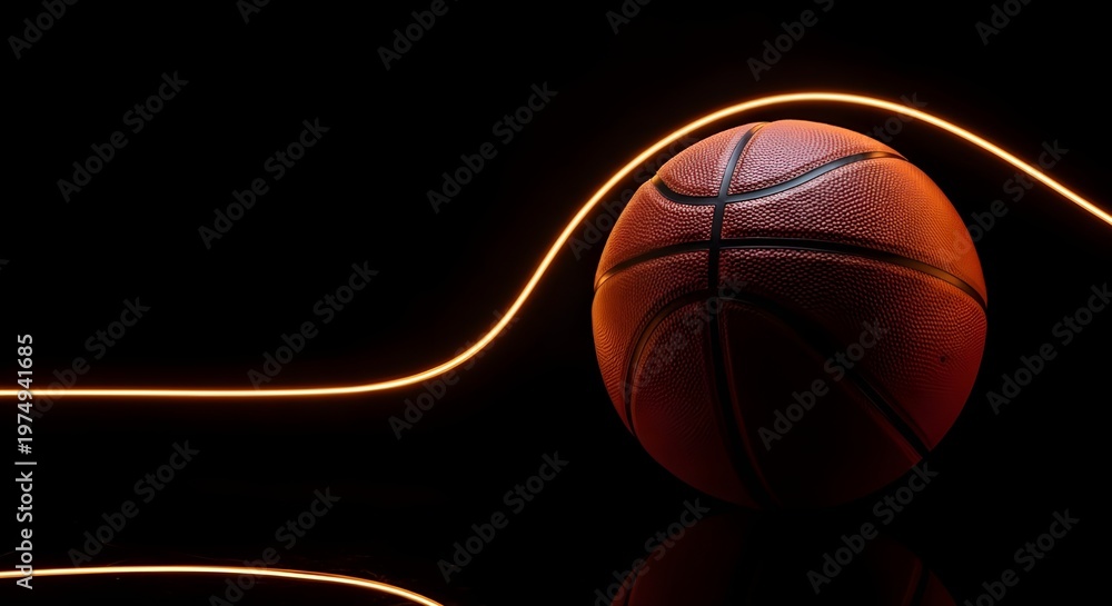 Fototapeta premium Basketball on a dark background with a glowing orange wavy line, reflecting on a shiny surface, representing dynamic motion.