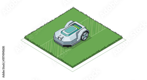 Robotic Lawn Mower Isometric Illustration on Green Grass Patch. Autonomous Smart Garden Technology, Cordless Electric Mower for Modern Home Gardening and Yard Maintenance.