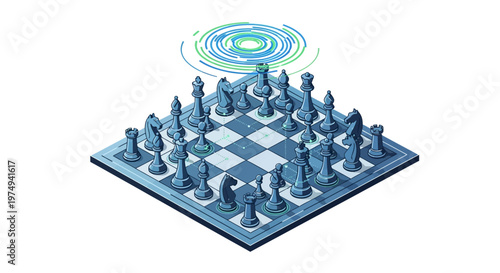Isometric Digital Chess Strategy Illustration with AI and Technology Graphics