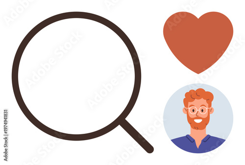 Business analysis, online dating, customer research, user feedback, identity verification, self-discovery. Magnifying glass, heart and person illustration. Business analysis and online dating