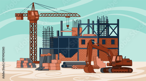 Construction Site Illustration with Crane, Excavator, and Building Materials