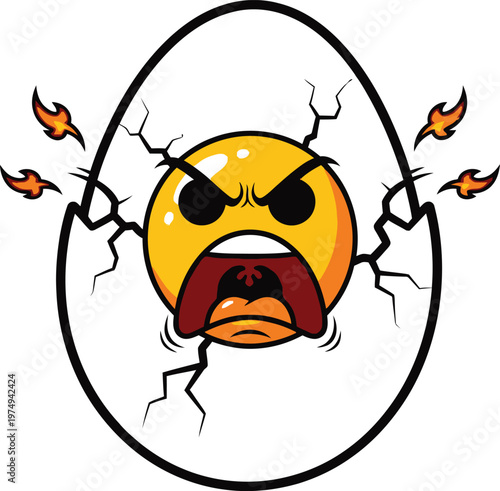 A cartoon angry emoji emerging from a cracked egg with flames around it