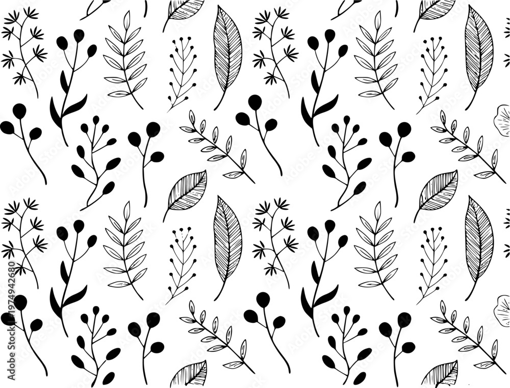 Naklejka premium Black and White Hand Drawn Botanical Seamless Pattern White Background