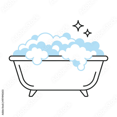 Bath tub filled with foamy bubbles for relaxation and hygiene