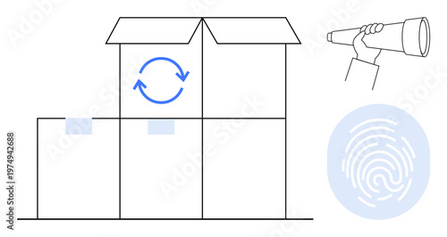 Supply chain, logistics, delivery tracking, data security, authenticity verification, surveillance. Boxes with arrows, a fingerprint and spyglass. Supply chain and logistics concept
