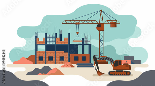 Flat design illustration of building construction site with heavy machinery