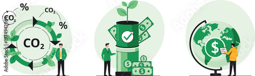 Carbon emission reduction and green finance concept with CO2 cycle ESG investment and global sustainability flat illustration set